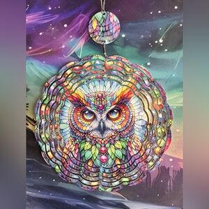 NEW 8” Vibrant Multicolor Owl Mandala Hanging Windspinner